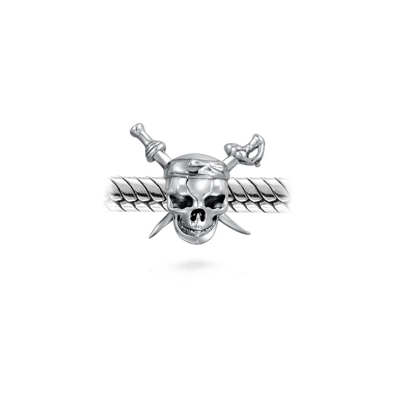 Bling Jewelry Halloween Pirate Skull & Cross Swords Charm Bead Sterling Silver European Bracelet
