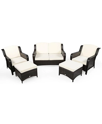 5 Pieces Patio Rattan Sofa Set with Cushion and Ottoman