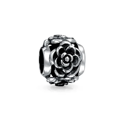 Bling Jewelry Flower Garden Black Rose Charm Bead in Oxidized Sterling Silver Bracelets