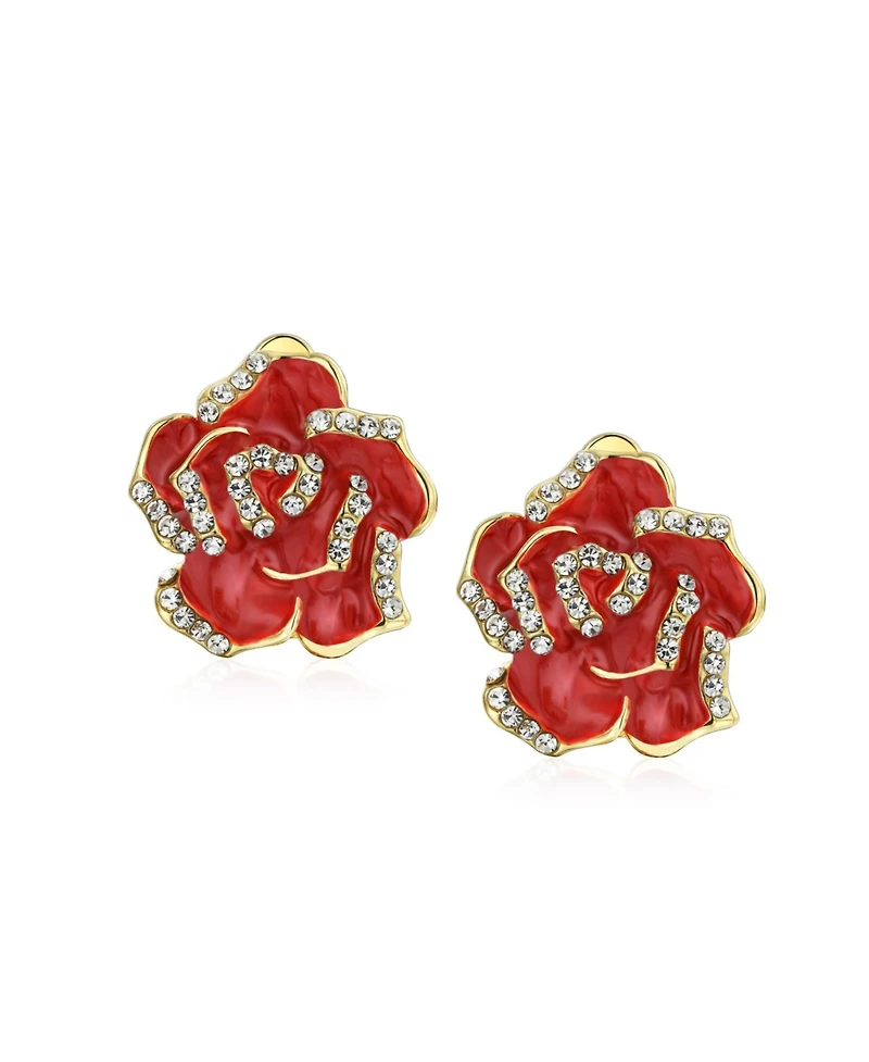 Bling Jewelry Pink Red Enamel Flower Crystal Edge Clip-On Earrings Gold Plated For Non-Pierced
