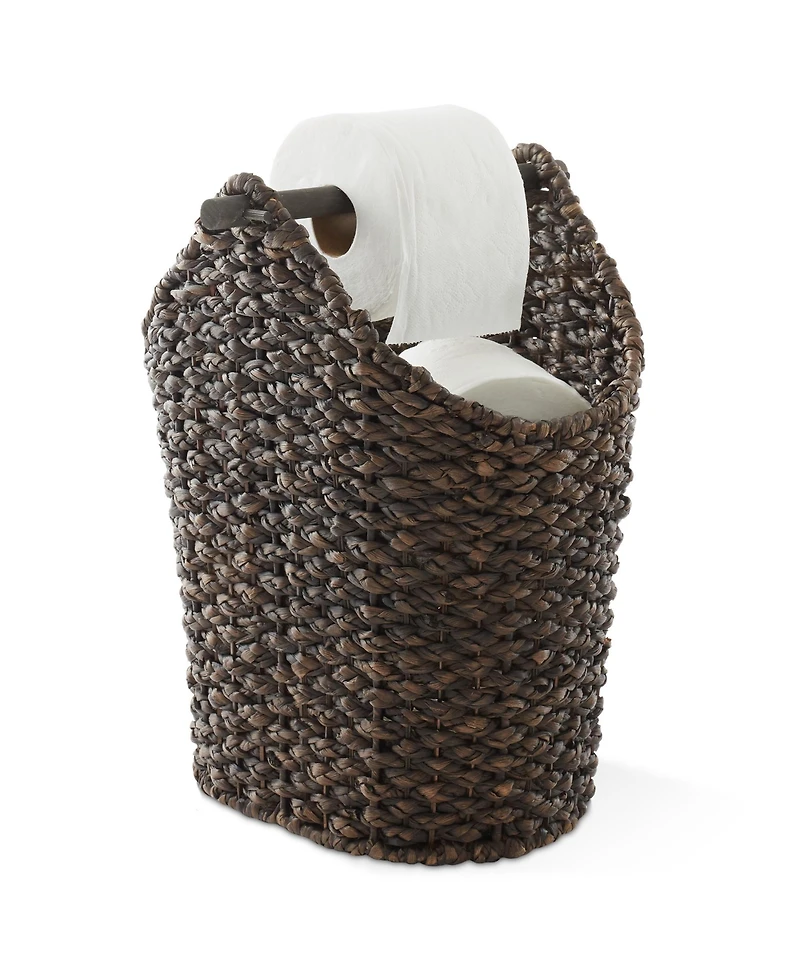 Casafield Toilet Paper Roll Holder Storage Basket with Wood Bar - Natural, Woven Water Hyacinth Wicker Bathroom Tissue Storage Organizer