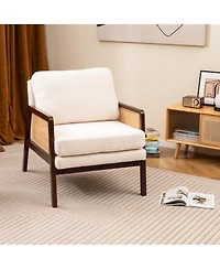 Mid Century Modern Accent Chair with Rattan Arms and Cushion