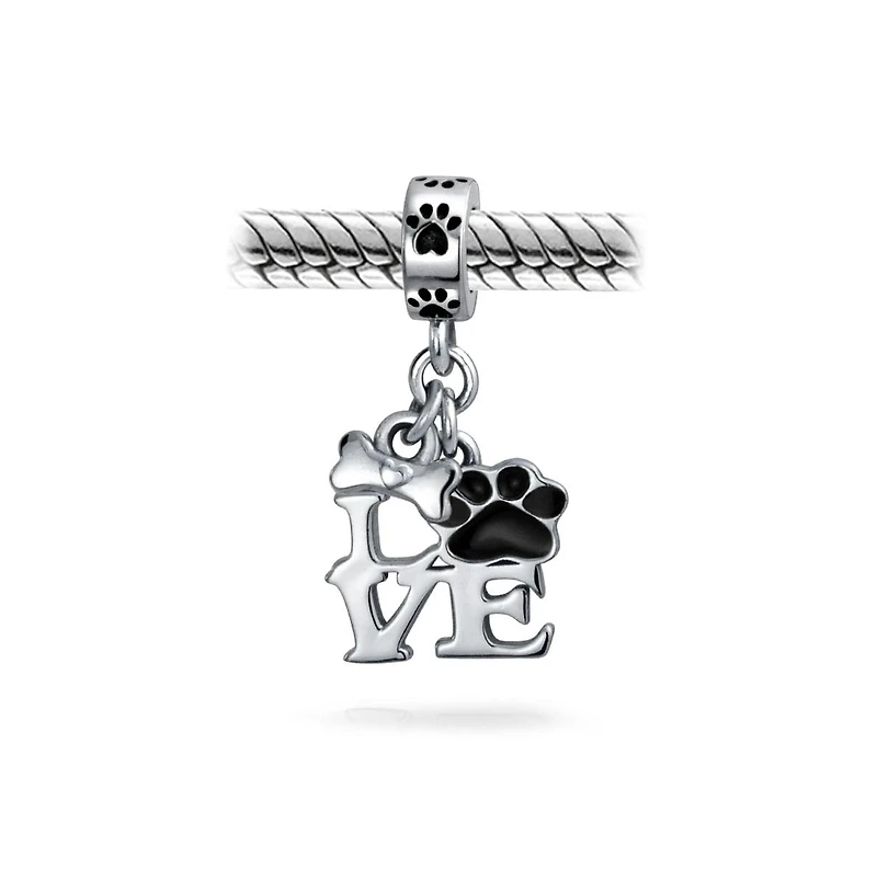 Bling Jewelry Bff Pet Lover Black Dog Cat Paw Print Dangle Charm Bead European Bracelet