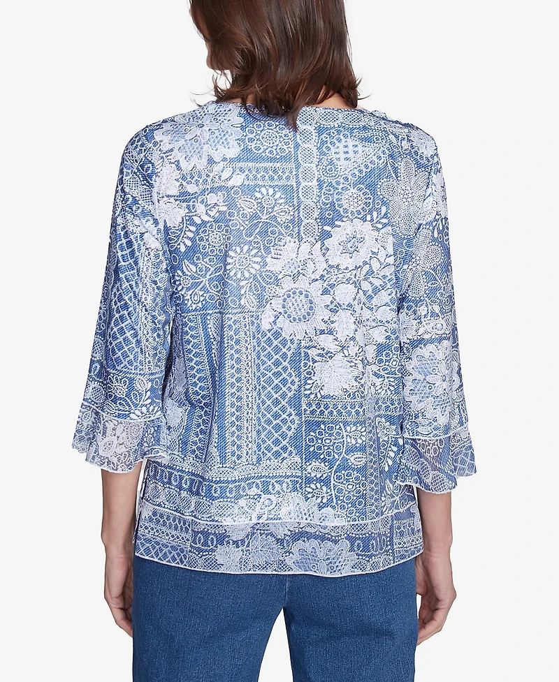 Alfred Dunner Women's Flower Power Lacey Floral Patchwork Crew Neck Top
