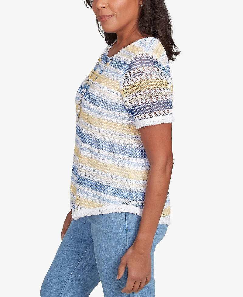 Alfred Dunner Women's Flower Power Textured Biadere Fringe Top with Necklace