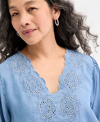 Style & Co Women's Chambray Embroidered Elbow-Sleeve Top, Exclusively at Macy's