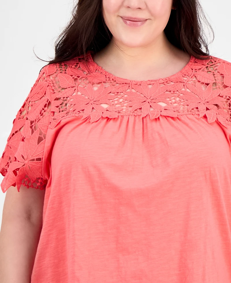 Tommy Hilfiger Plus Lace Yoke Short-Sleeve Top