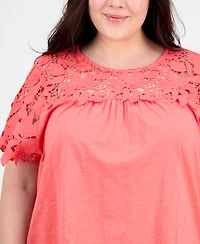 Tommy Hilfiger Plus Lace Yoke Short-Sleeve Top