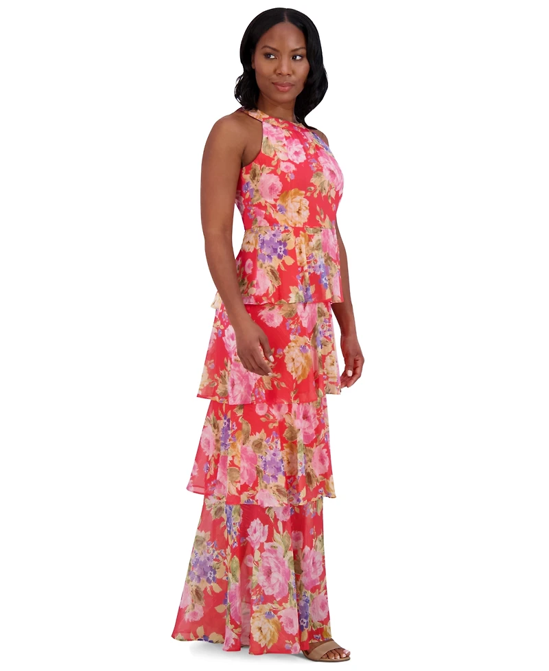 Jessica Howard Women's Floral-Print Tiered Halter Gown