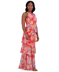 Jessica Howard Women's Floral-Print Tiered Halter Gown
