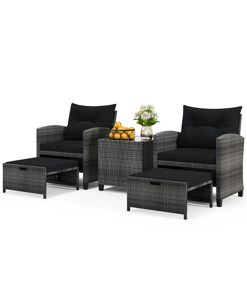 5-Piece Outdoor Rattan Furniture Set with 2 Ottomans and Glass Coffee Table