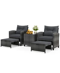 5-Piece Outdoor Rattan Furniture Set with 2 Ottomans and Glass Coffee Table