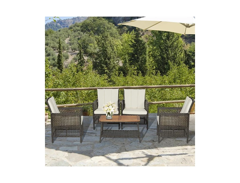 5 Pieces Patio Rattan Furniture Set Cushioned Sofa Armrest Wooden Tabletop