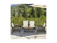 5 Pieces Patio Rattan Furniture Set Cushioned Sofa Armrest Wooden Tabletop