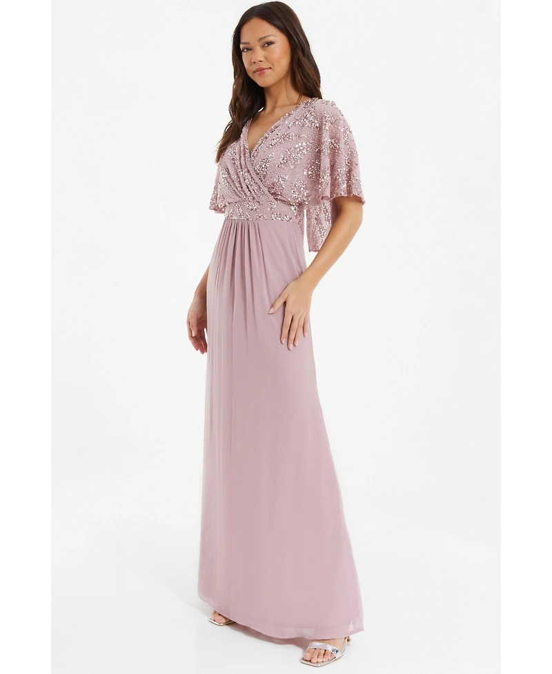 Quiz Women's Sequin Cape Sleeve Maxi Dress