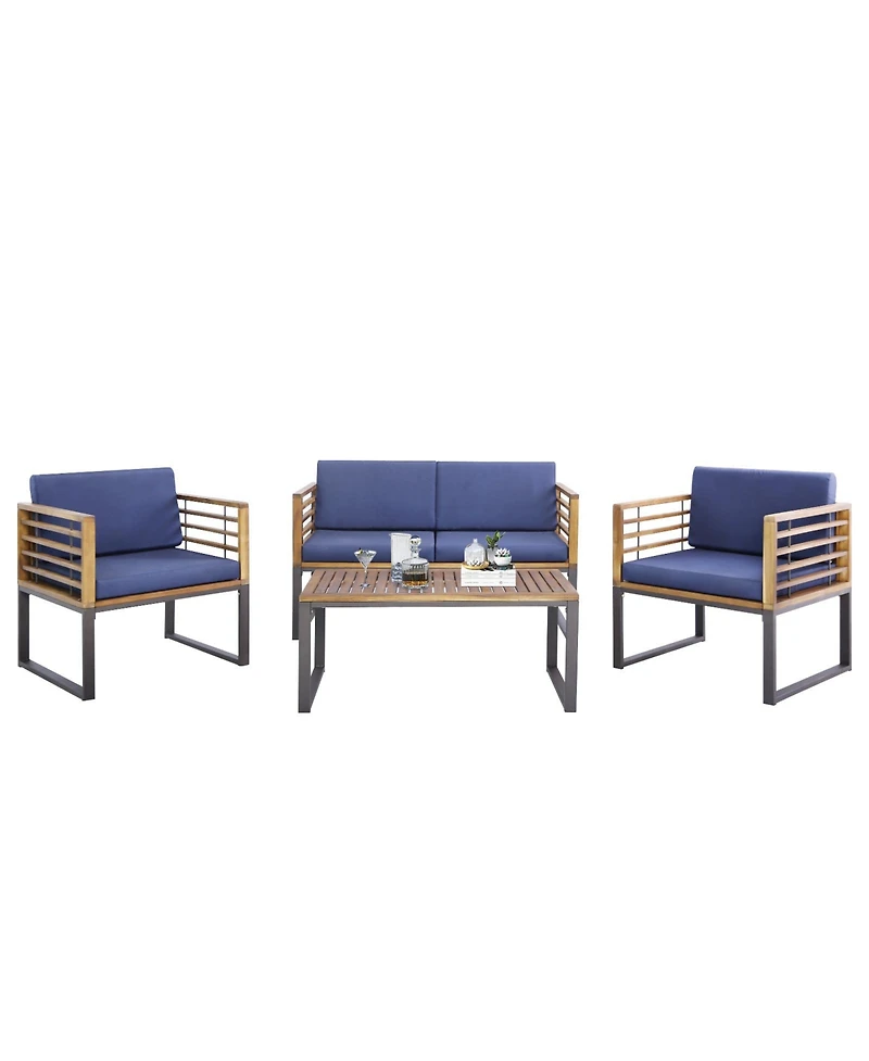 4 Piece Patio Acacia Wood Conversation Set with Soft Seat