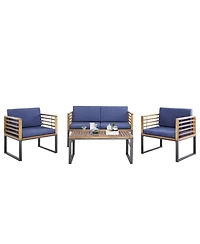 4 Piece Patio Acacia Wood Conversation Set with Soft Seat