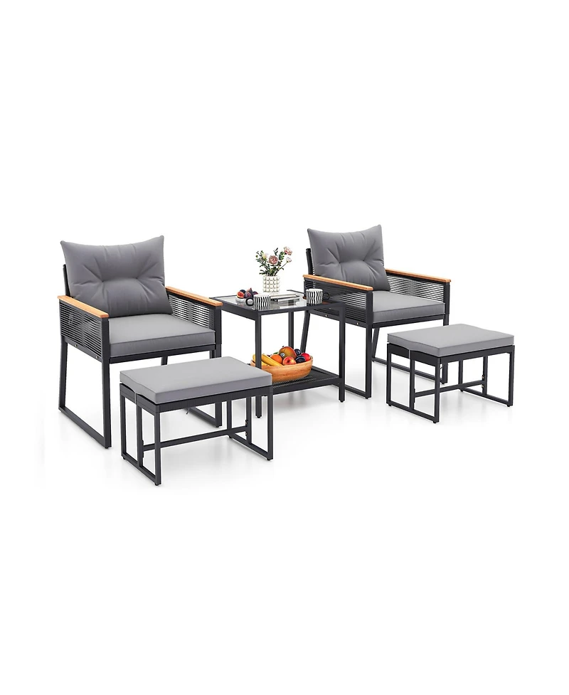 5 Piece Outdoor Rattan Conversation Set with 2-Layer Side Table and 2 Ottomans