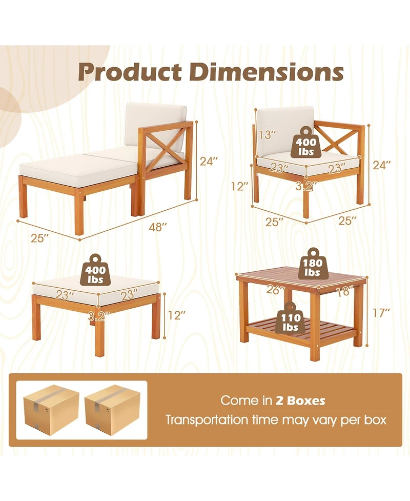 5 Pieces Acacia Wood Patio Lounge Chair Set with Ottomans and Cushions-White