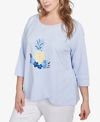 Hearts Of Palm Plus Making Waves Pineapple Printed 3/4 Sleeve Top