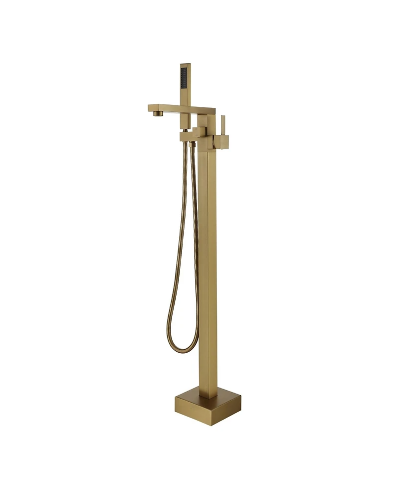 Freestanding Bathtub Faucet Tub Filler Free Standing Floor Mount Brass Bathroom Tub Faucets with 2 Function Hand Shower Wand Swivel, Brushed Gold