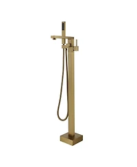 Freestanding Bathtub Faucet Tub Filler Free Standing Floor Mount Brass Bathroom Tub Faucets with 2 Function Hand Shower Wand Swivel, Brushed Gold
