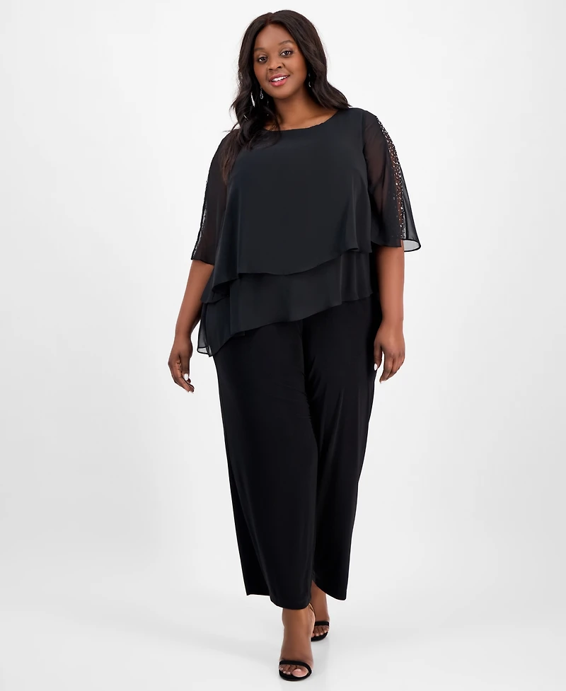 Sl Fashions Plus Size Tier-Cape Embellished Jumpsuit