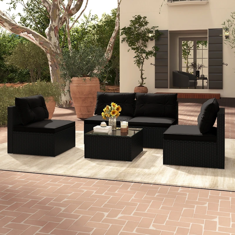 Gymax 5 Pcs Patio Furniture Set w/ Seat & Back Cushions Tempered Glass Tabletop
