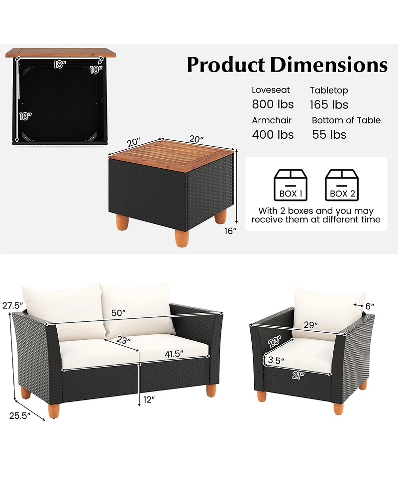 Gymax 4 Piece Outdoor Conversation Set Patio Cushioned Chairs w/ Storage Coffee Table