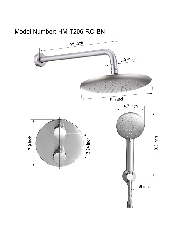9.5 Inch Wall Mount Dual Shower Heads Shower System with Handheld Sprayer 5-Spray Patterns Shower with Thermostatic Valve in Brushed Nickel