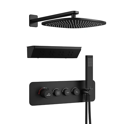 12 Inch Wall Mounted Thermostatic Shower System with Handheld Sprayer Rainfall Shower System with Neck/Back Massage Spout Shampoo Shelf