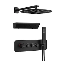 12 Inch Wall Mounted Thermostatic Shower System with Handheld Sprayer Rainfall Shower System with Neck/Back Massage Spout Shampoo Shelf