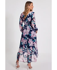 Quiz Women's Floral Chiffon Glitter Long Sleeve Maxi Dress
