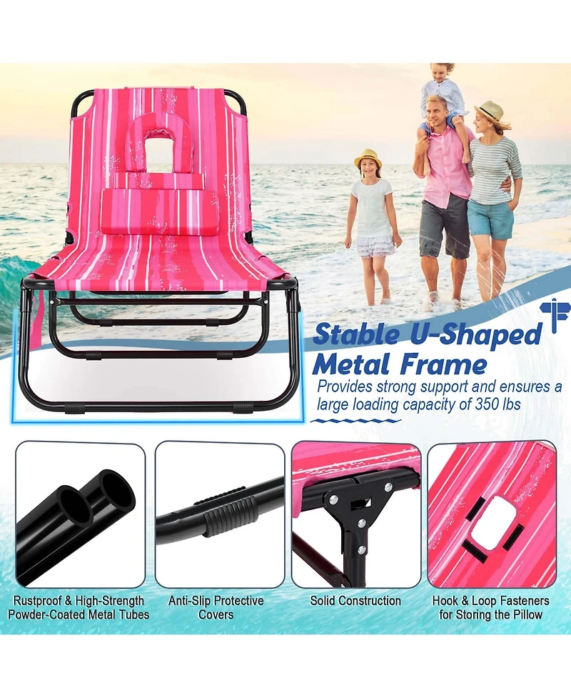 Beach Chaise Lounge Chair with Face Hole Pillows & 5-Position Adjustable Backrest