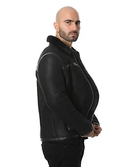 Furniq Uk Men's Leather Banded Sheepskin Casual Jacket, Washed Black with Black Wool