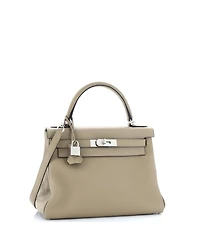 Pre-Owned HERMES Kelly 28 Handbag Brown Clemence with Palladium Hardware