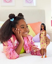 Barbie Fashionistas Doll 233 in Checkered Flower Midi Dress, Black Hair