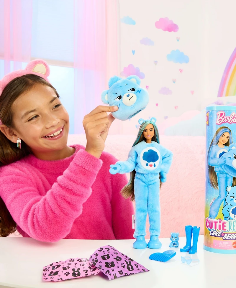 Barbie Cutie Reveal Care Bears Series Doll & Accessories in Grumpy Bear Plush Costume, 10 Surprises