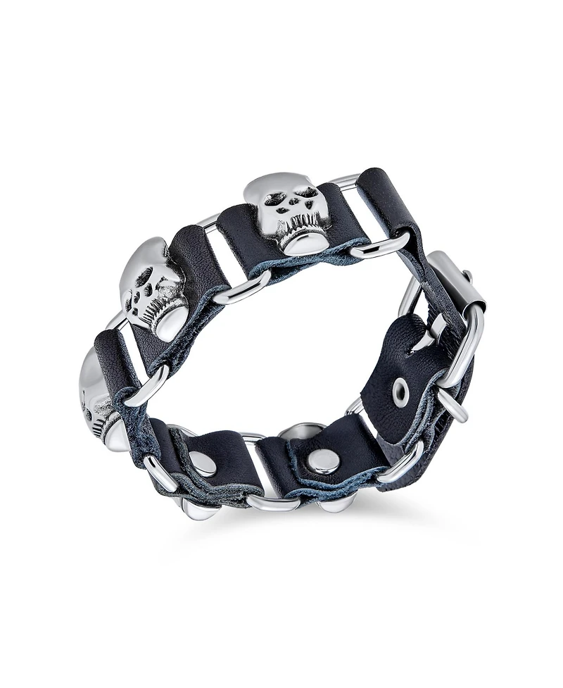 Bling Jewelry Biker Chain Link Bracelet Skull Heads Black Leather Studded Cuff s