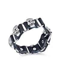 Bling Jewelry Biker Chain Link Bracelet Skull Heads Black Leather Studded Cuff s