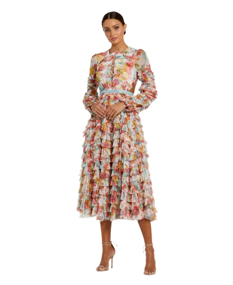 Mac Duggal Women's Long Sleeve Tiered Ruffle Cutout Criss Cross Dress