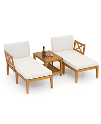 5 Pieces Acacia Wood Patio Chaise Lounge Chair Set with Ottoman and Cushions