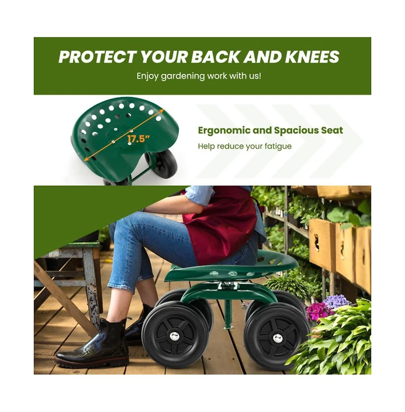 Garden Rolling Workseat with Swivel Seat and Adjustable Height Comfortable Mobile Tool for Outdoor Tasks