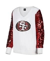 Cuce Women's White/Red San Francisco 49ers Sequin Sleeve V-Neck Pullover Sweatshirt