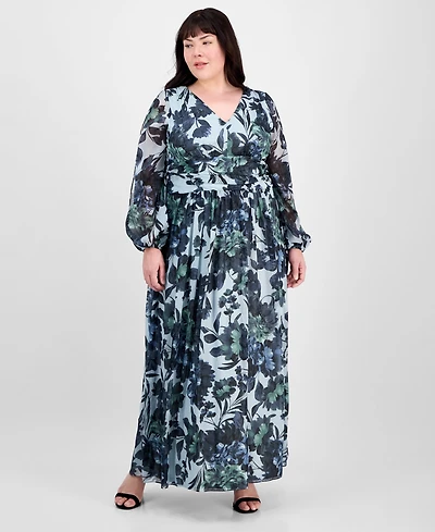 Sl Fashions Plus Floral-Print Blouson-Sleeve Gown