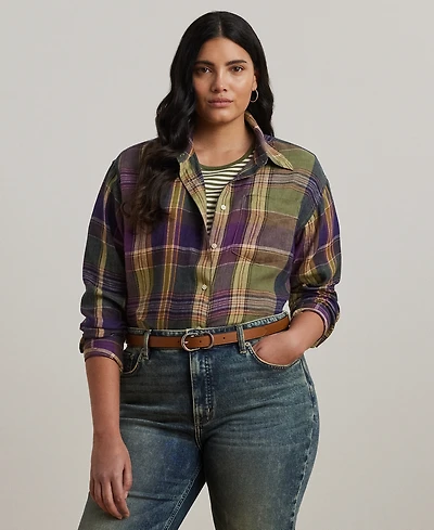 Lauren Ralph Lauren Plus Size 100% Linen Relaxed-Fit Plaid Shirt