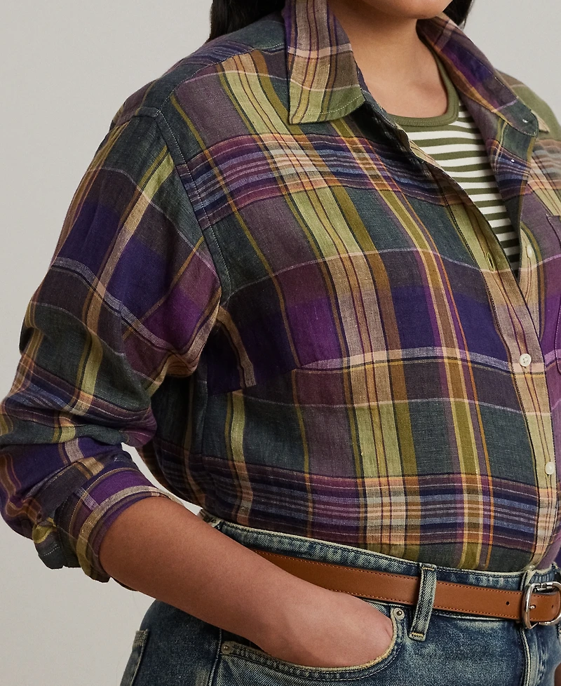 Lauren Ralph Lauren Plus Size 100% Linen Relaxed-Fit Plaid Shirt