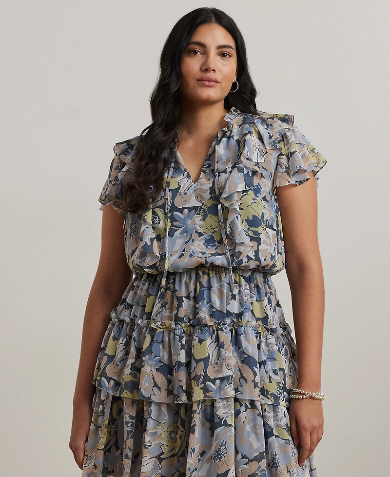 Lauren Ralph Lauren Plus Size Floral Ruffle-Trim Georgette Dress