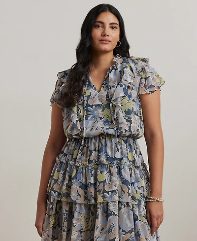 Lauren Ralph Lauren Plus Size Floral Ruffle-Trim Georgette Dress
