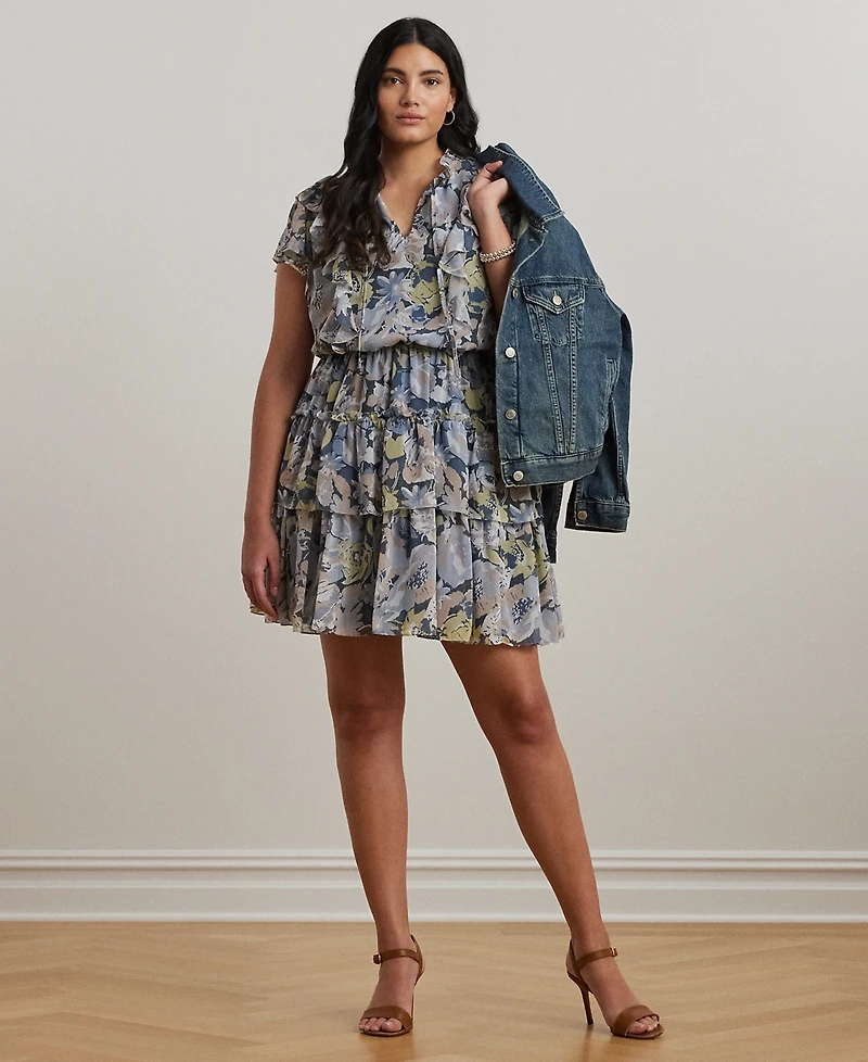 Lauren Ralph Lauren Plus Size Floral Ruffle-Trim Georgette Dress